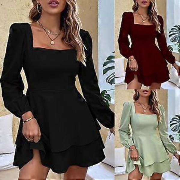 Dame Firkantet Hals Tie Back Puf Lange Ærmer Flæse Lagdelt Kort Kjole Sexet Afslappet Elastisk Talje A-Linje Mini Kjole Sort XL(XL Sort)