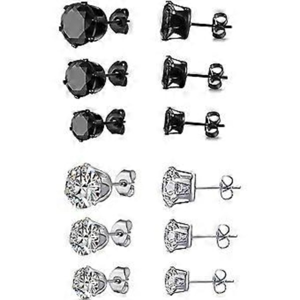 6 Par Titanium og Rustfrit Stål Mænd Kvinder Stud Øreringe Sæt Sort og Klar Rund Cubic Zirconia Indlagt Pierced Hypoallergen 3-5mm