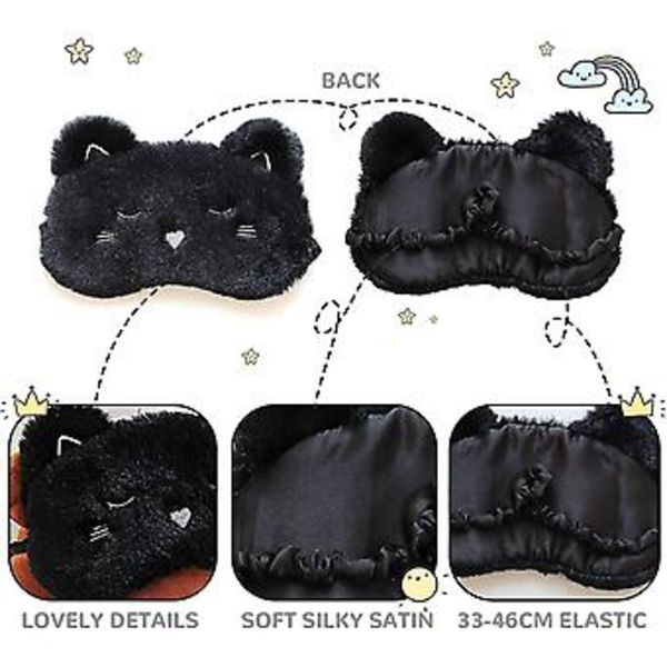 Unimask, Mukava Silmänaamio Valmistettu 100% Luonnollisesta Silkistä & Ultrapehmeästä Plussista, Säädettävä Uni Matkalle, Ihastuttava Piirretty Naisille Ja Lapsille (Musta Kissa)