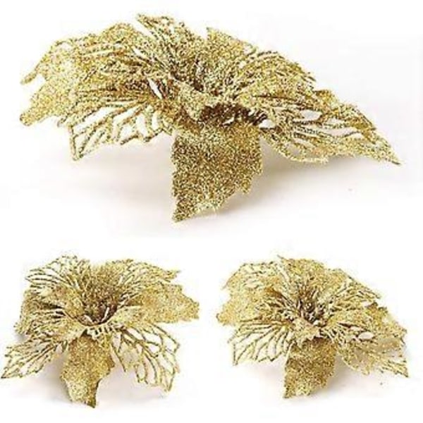 16 stk. Glitter Blomst Juletrepynt Blomster Trepynt Juledekor Gull