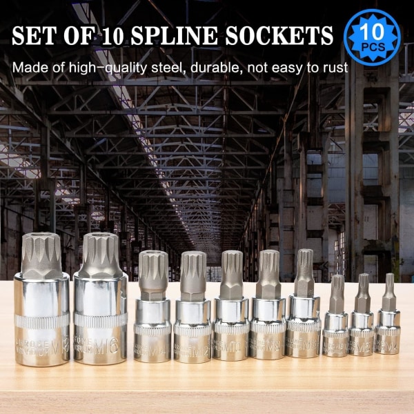 10-delt stikkontaktsett - Trippel firkantbit - M4 / M5 / M6 / M8 / M9 / M10 / M12 / M14 / M16 / M18 - For