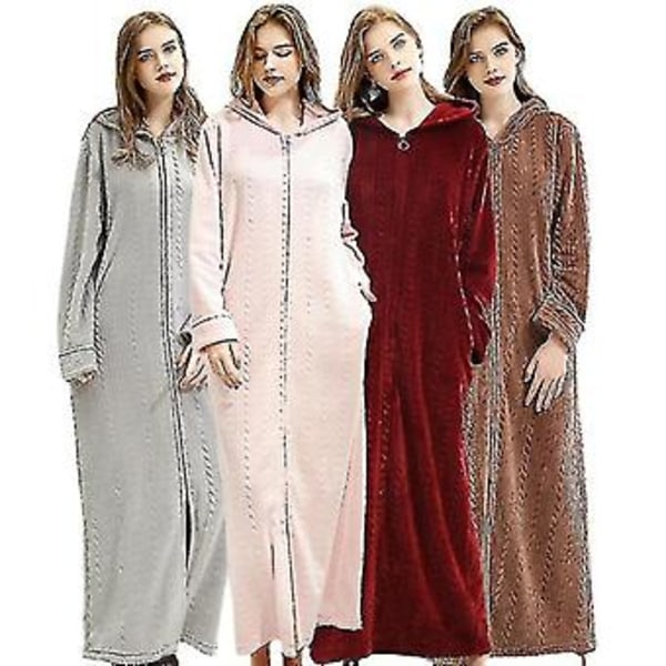 Dames Hættetrøje Badekåbe Varmt Blødt Kvinders Fleece Lynlås Lang Kåbe (XL Pink)