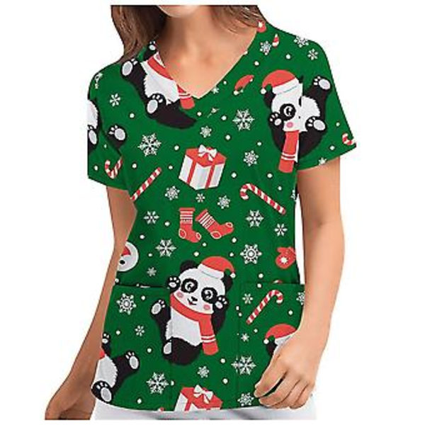 Jule-Sygeplejerske Uniform Scrub Kortærmet T-shirt Jule-Blouse Tee Tops V-Hals (2XL Hærgrøn)
