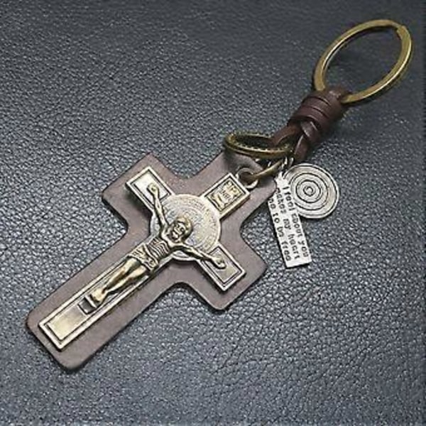 PU Läder Krucifix Berlock Nyckelring Religiös Nyckelring Väska Hänge Plånbok Tillbehör Handgjord Nyckelring för Daglig Användning (svart antik silver)