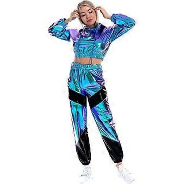 Rave-antrekk for kvinner, skinnende crop top-hettegenser, metallisk fritidsbukse, hettegenser-treningsgenser, discodanse-klubbklær (Medium holografisk blå)