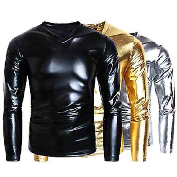 Herr T-shirt med blank yta, enfärgad, långärmad, V-ringad, slim fit, nattklubb, fest, scenkläder (L Gul)