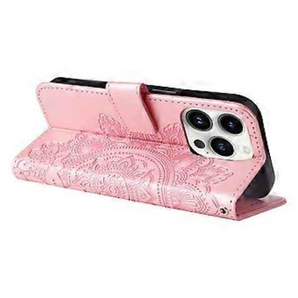 7-blomsterblad blomsterpreget lærveske for iPhone 15 Pro (Rosegull)