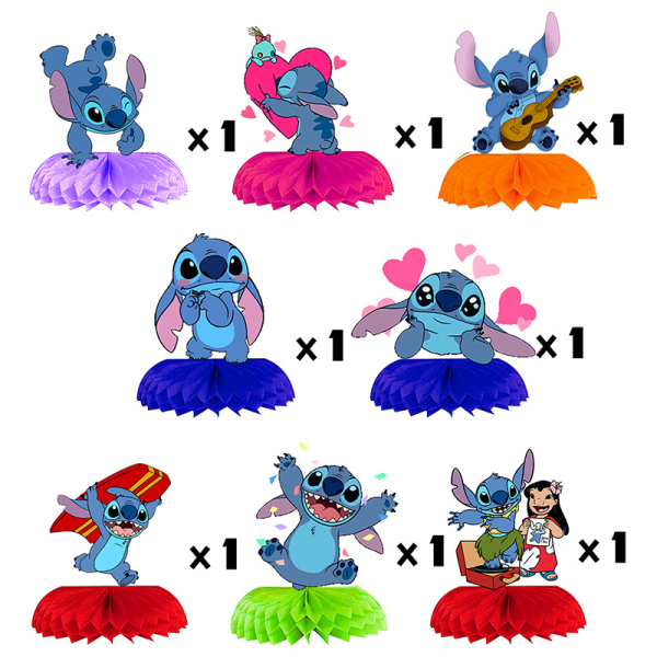 8-delad set med Stitch-tema festfödelsedagdekorationer, 3D honung