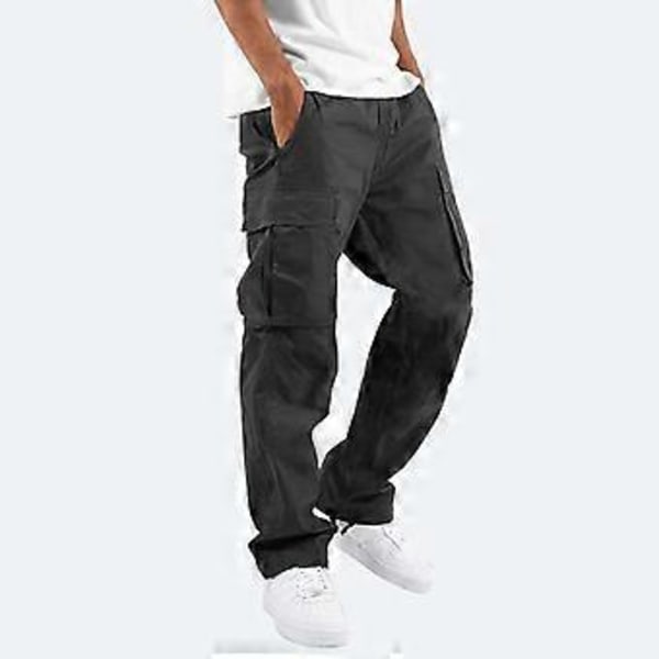 Cargo Byxor Herr Multi-Ficka Band Mjukisbyxor Streetwear Casual Herr Byxor Trousers (XXL svart)