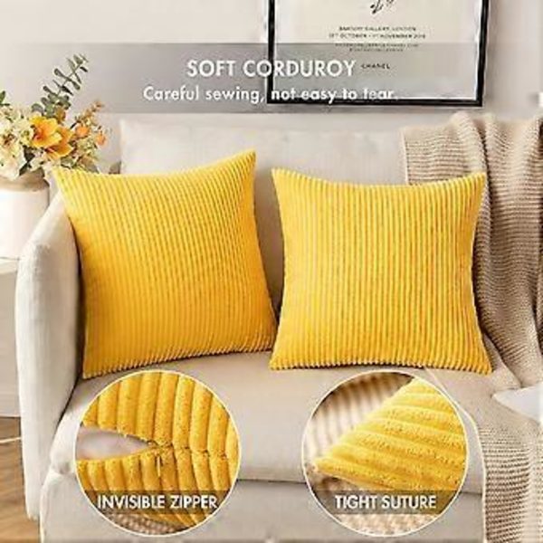Pakke med 2 Corduroy Myke Solide Dekorative Firkantede Putesett Deksel Putesaker Putesett for Sofa Soverom Couch 18 x 18 Tommer Gyllen Gul