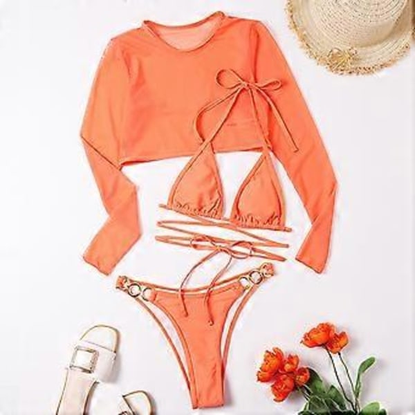 Åndbar Island Goddess tredelt badedragt bikini langærmet mesh frakke bikini perfekt til vandaktiviteter sort L(L sort)
