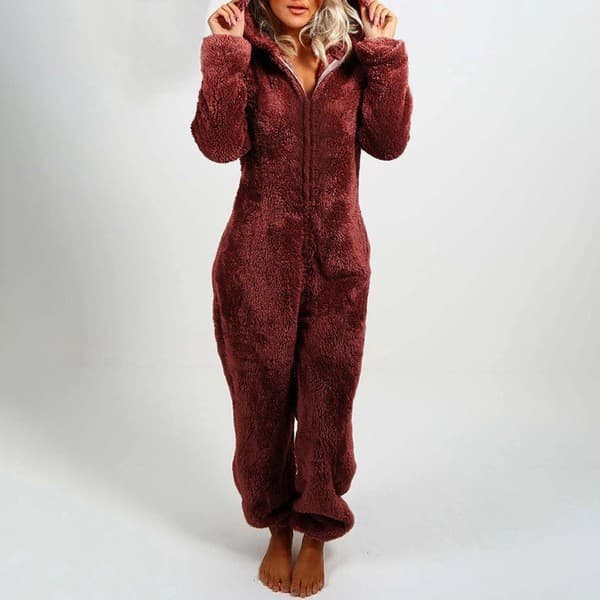Vinterfluffy fleece-jumpsuit med hette for kvinner (L vinrød)