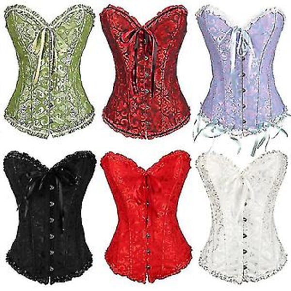 Dame Vintage Palace Shapewear Bustiers Korsetter Satin Benet Lace Up Strapless Overbust Korset Brudekjole Bodysuit (6XL Sort-Rød)