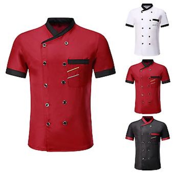 Kokin paita, kaksoisrintainen, laikutasku, pystykaulus, napit, lyhythihainen, unisex, pluskoko, kokin univormu, ravintola-asu (L punainen)
