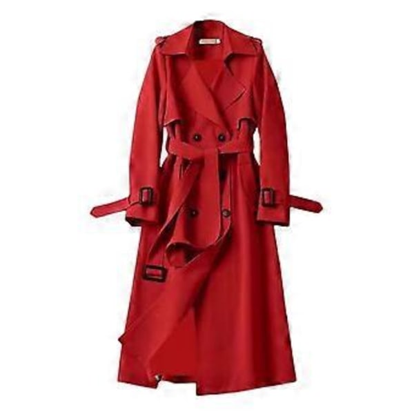 Høst Vinter Dame Trenchcoat Nedbrett Krage Ensfarget Dobbelkneppet med Belte Medium(XL rød)