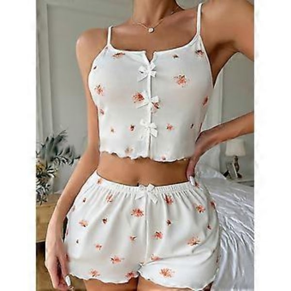 Dam Pyjamas Set Sexig V-ringad Linne och Elastiska Midjeshorts Lounge Sovkläder Set (XXL blommönster)