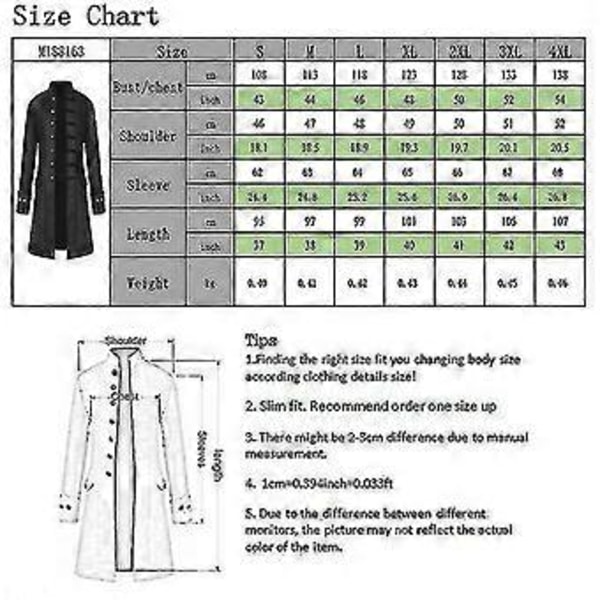 Miesten Steampunk-takki, Vintage-Frakkipuku, Goottilainen Victorian-Asuste, Karnevaali-Cosplay.M (4XL Musta)