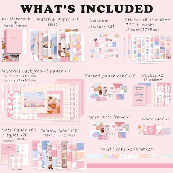 344 kappaletta Scrapbooking-tarvikesarja, vaaleanpunainen Kawaii Bullet Journal Scrapbook-sarja A6-ruudukolviholla