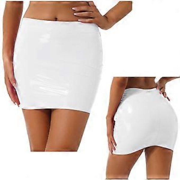 Sexiga glansiga minikjolar i lackläder för damer, enfärgad pennkjol med elastiskt midjeband, blank våtlook latexkjol klubbkläder (M vit)