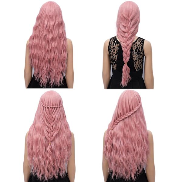 Kvinners rosa parykk lang fluffy krøllete bølget hårparykker for jente varme F