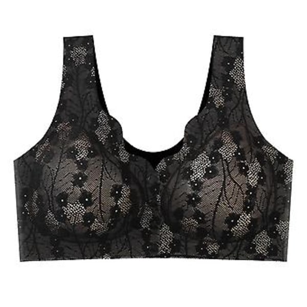 Bralette med frontlukning - Trådløs blonde-BH til kvinder, U-formet ryg, åndbar blondebralette, stor blonde-BH til kvinder (2XL sort)