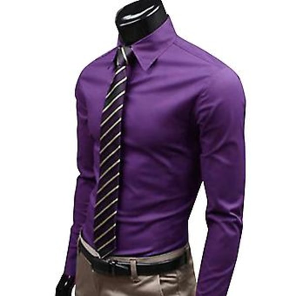 Fianao Fashion Herrar Solid Färg Långärmad Knappar Ner Skjorta Slank Formell Business Topp (M Mörk Lila)