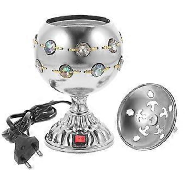 Elektrisk Arabisk Rökelsebrännare Skrivbordsmodell med Lock Plug-in Rökelsekar Ornament EU-kontakt (Silver)