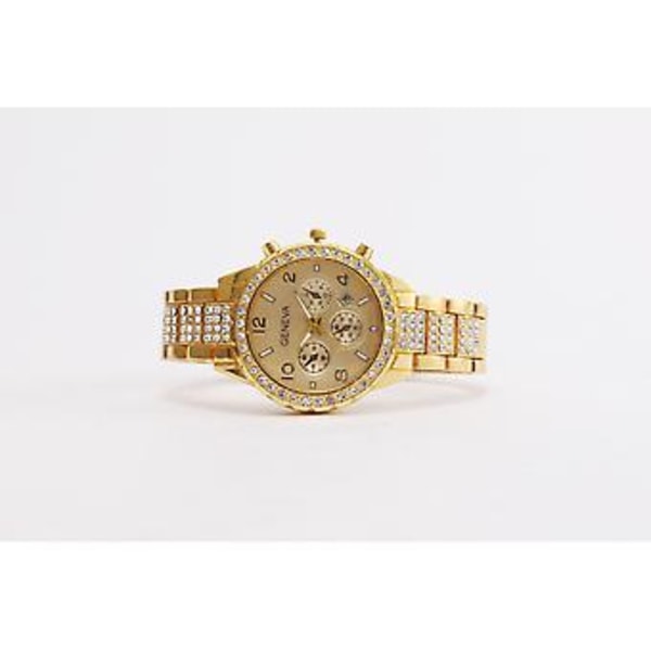 Vandtæt Dame Luksus Klassisk Rustfrit Stål Krystal Quartz Rundt Armbåndsur (Guld)