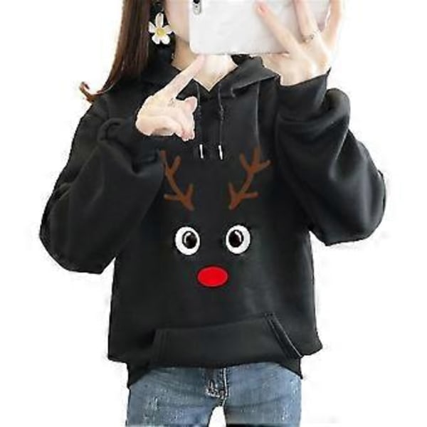 Dame Juletrøje med Hætte, Trykt, Varmt Trøje, Langærmet (3XL Sort)