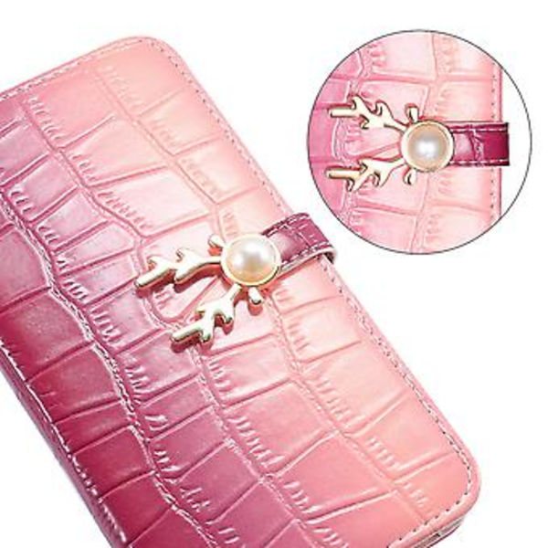 Telefonfodral med älgmönster för iPhone 14 Pro med kortfack, snodd, PU-lädermaterial, plånboksfunktion, hörnfallskydd (lila rosa)