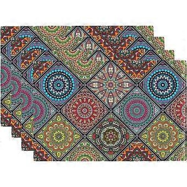 Boho Mandala Bordstabletter Set om 4, Färgglad Bohemisk Design för Köksmatbord
