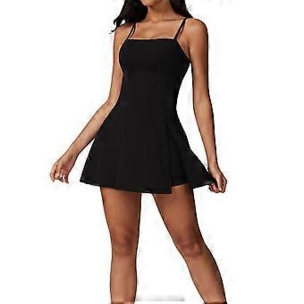 Dame Sleeveless Tennis Kjole med Indbygget BH Mode Åndbar Atletisk Kjole Ensfarvet Træningskjole (XL Avanceret Sort)