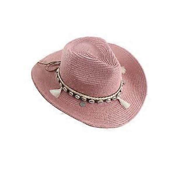 Storlek-M, Kvinnors Virkad Halm Solhatt Bred Brätte Handgjord Vikbar Semester Hinkhatt (Rosa)
