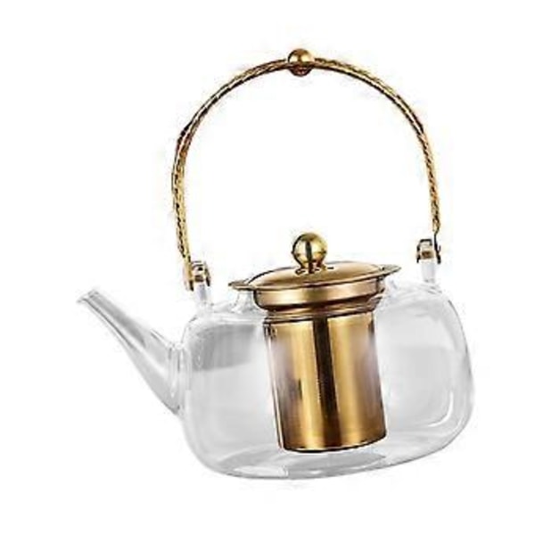 Glastekande med si 1000 ml Klar tekedel til blomstrende te og løs te, tekande til køkkenet, gave til teelskere, camping, hjem (Gylden)