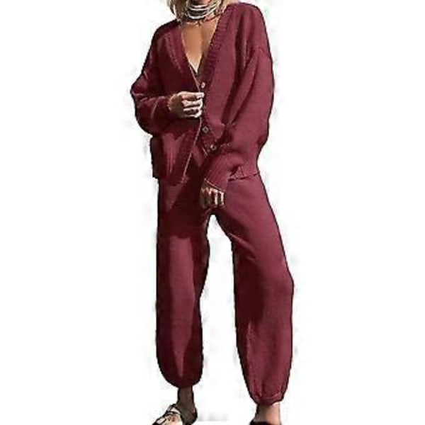 Dam Tvådelad Lounge Set Långärmad Stickad Kofta Jackor Topp Lös Vida Ben Byxor Casual Outfits Träningsdräkt Loungewear  Vinröd M(M Vinröd)