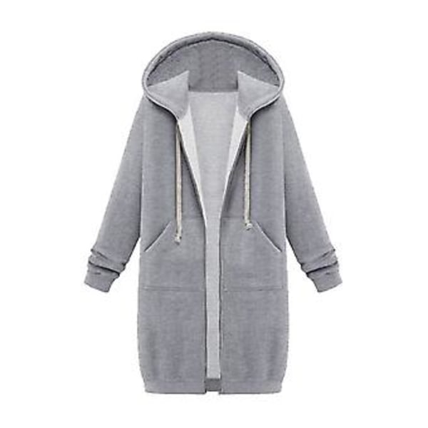 Fianao Plus Size Ensfarvet Casual Tyk Hættetrøje Kvinder Lynlås Lang Trøjejakke (L Lysegrå)