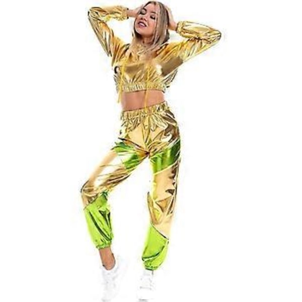 Rave-outfit för damer, glänsande crop top-hoodie, metalliska avslappnade långbyxor, hoodie-träningssweatshirt, discodans-klubbkläder (XX-Large Guld)