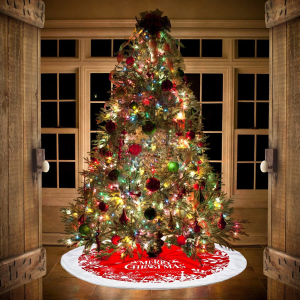 48-inch red and white Christmas tree skirt, printed with white sn