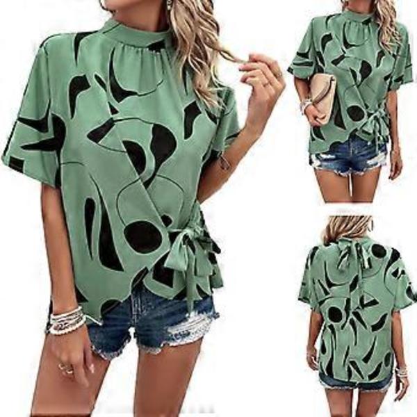 Kortærmet afslappet T-shirt til kvinder, sommer plisseret standkrave løse T-shirts bluse top L sort (L sort)