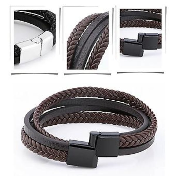 Magnetisk Herre Læder Armbånd Flettet Armbånd Armring (Sølvspænde & Sort)