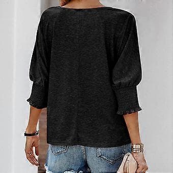 Dame Basic Tee Bluser Rund Hals 3/4 Ærme Basic T-shirts Casual Tunika Top Ensfarvet Løs Pasform Tunika Top Bluser Tee Top Sort M(M Sort)