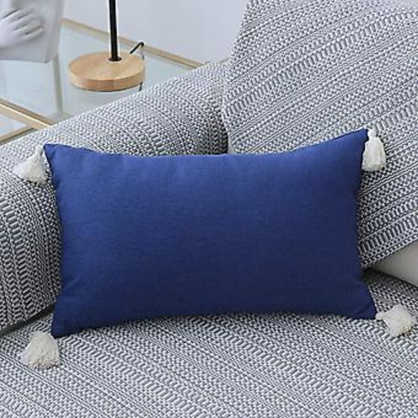 Landelig bomulls- og linputetrekk med frynser - Dekorative lumbarputetrekk for sofa, soverom, bil (navy 04, 12\"x20\")