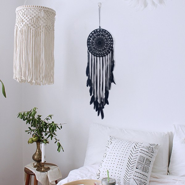 Blanc-Grand Boho Drömfångare Vit Fjäder Macramé Väggbonad