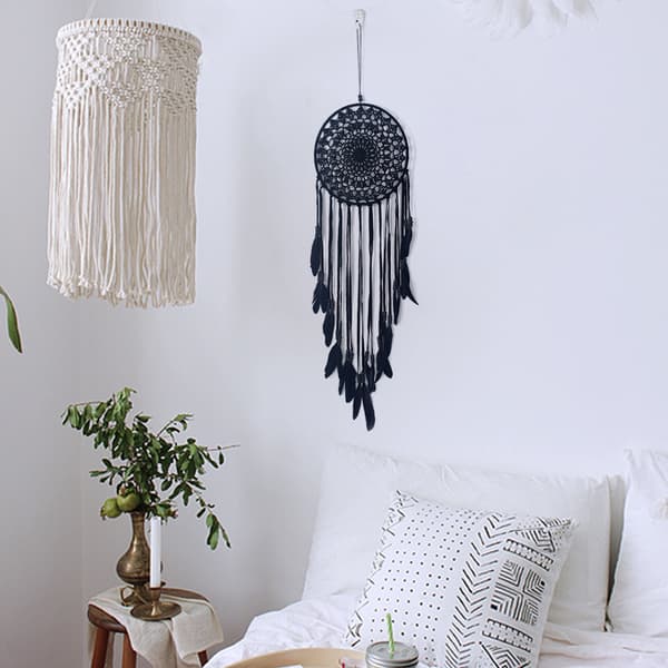 Noir-Grand Boho Capteur de rêves Plume Blanche Macramé Tenture