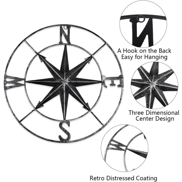 1 stk Svart Distress Metall Kompass Veggdekorasjon Navigasjon Dekor