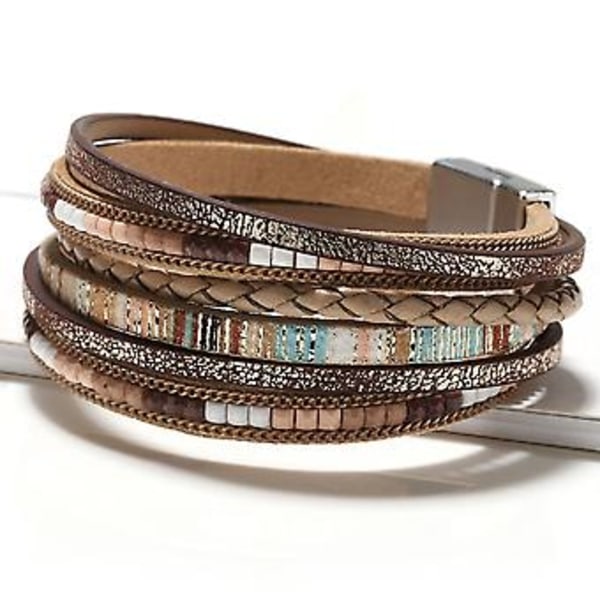Boho Multilager Läderarmband Herr Dam Armband Smycken (Brun)