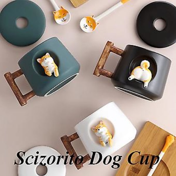 Söpö Koirapari Mukit, Keramiikka Kahvimuki Kansi, Söpöt Tassut Lusikan Päällä, Söpö Shiba Inu Kolmiulotteinen Design, Mattainen Tekstuuri, (42