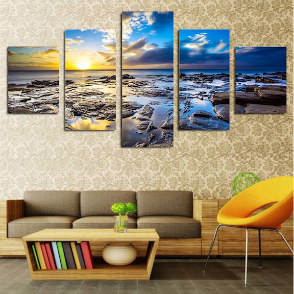 5 Dele Væghængt Kunstmaleri - Solopgang Strand, Non-Woven Canvas Dekoration
