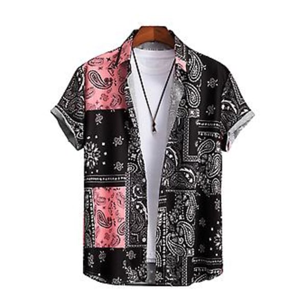 Mænds Sommer Strandskjorte Farverig Print Korte Ærmer Enkeltbrystet Cardigan Løstsiddende Midtlang Vendbar Krave Mænds Top (2XL Lysegul)