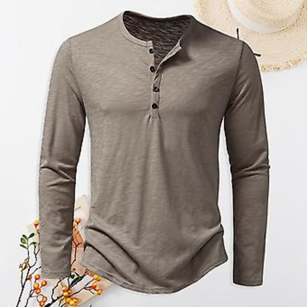 Miesten syksy-kevät T-paita pyöreäkaulainen nappi yksivärinen ohut pitkähihainen pusero pehmeä rento arkikäyttöinen pohjapaita urheilullinen vaatetus (2XL Khaki)
